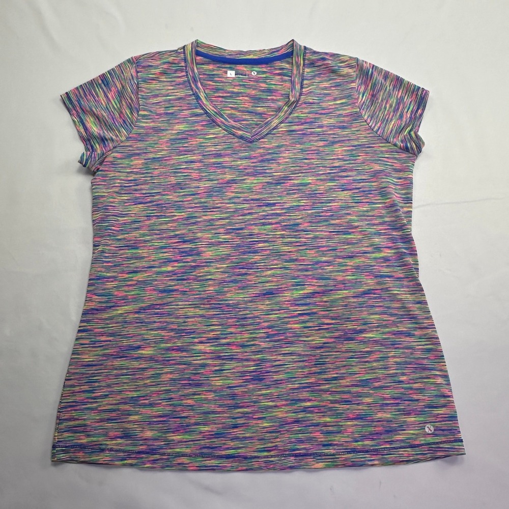 Xersion T-Shirt Multi-Color Space Dye V-Neck Short Sleeve Activewear Top Sporty